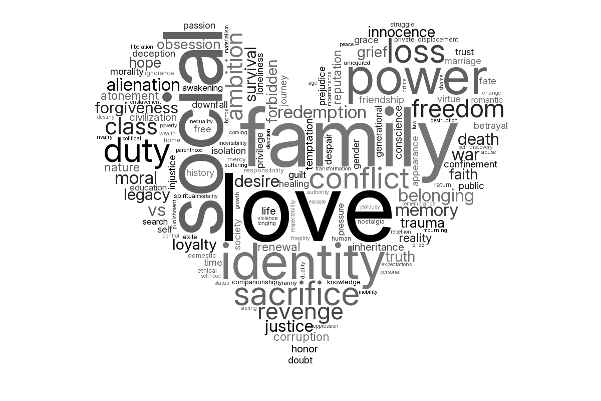 Word cloud highlighting themes from literature including Love, Journey, Character, and Story